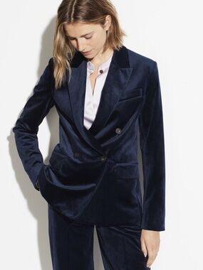NWT Vince Navy Blue Luxurious Velvet Double-Breasted Blazer, 2 0